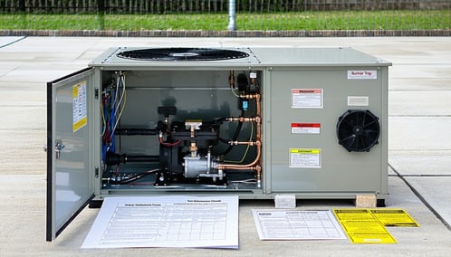 A clean and open pool heater unit with labeled parts burner tray heat exchanger and vent hood Inspection tags and a seasonal maintenance checklist are placed beside the unit Background includes clear piping and dry pool deck-4