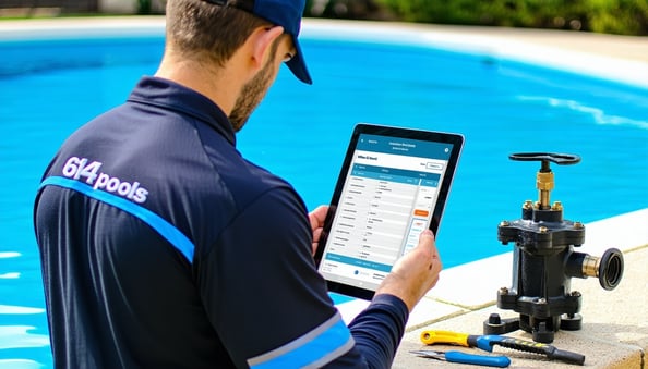 A pool technician in uniform with company logo  614 pools in uniform back checking their digital work order on a tablet beside a wellmaintained pool The technician is midtask with repair tools open and a new pump ready for installation conveying prom-3