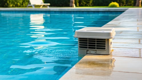 Close-up of pool skimmer box and return fitting in a Columbus Ohio backyard pool