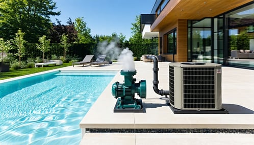 The image captures a panoramic view of a contemporary backyard pool exuding a sense of tranquility and sophistication To the right the equipment pad is prominently displayed featuring a robust pool pump a sleek filter and an efficient heater all inst-2