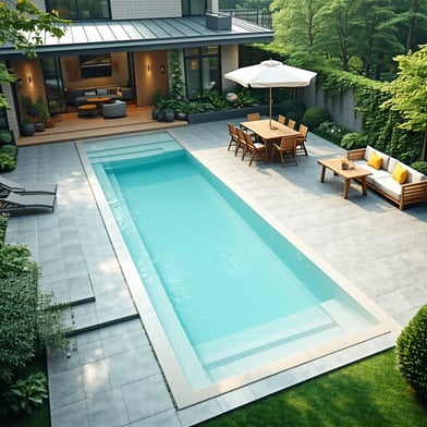 The image depicts an outdoor residential area with a rectangular light blue swimming pool in the center surrounded by a light grey concrete patio There is a wooden dining table with chairs around it an umbrella providing shade and a yellow cushion on-1