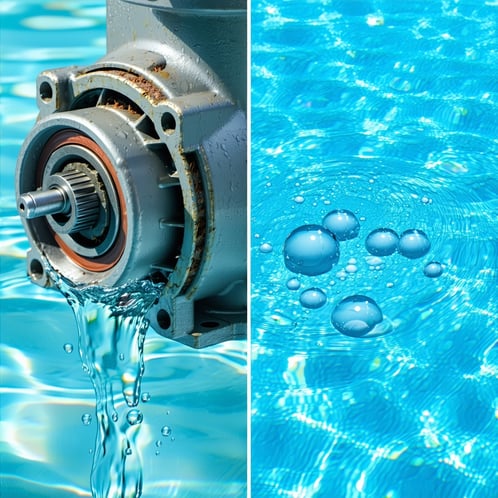 The split image vividly illustrates several prevalent issues encountered with pool pumps On one side a closeup of a screeching motor reveals worn bearings and improper lubrication indicating a need for maintenance or replacement Adjacent to this the