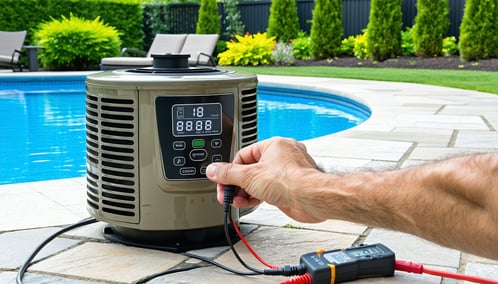 Pool heater control panel showing error code during repair near Columbus pool