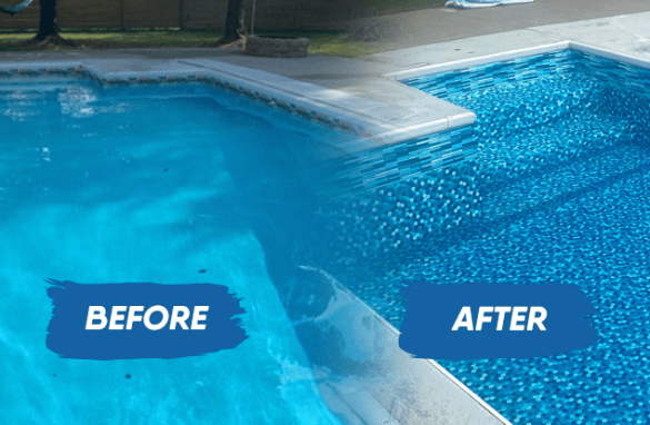Before and after of swimming pool renovation with vibrant blue tiles