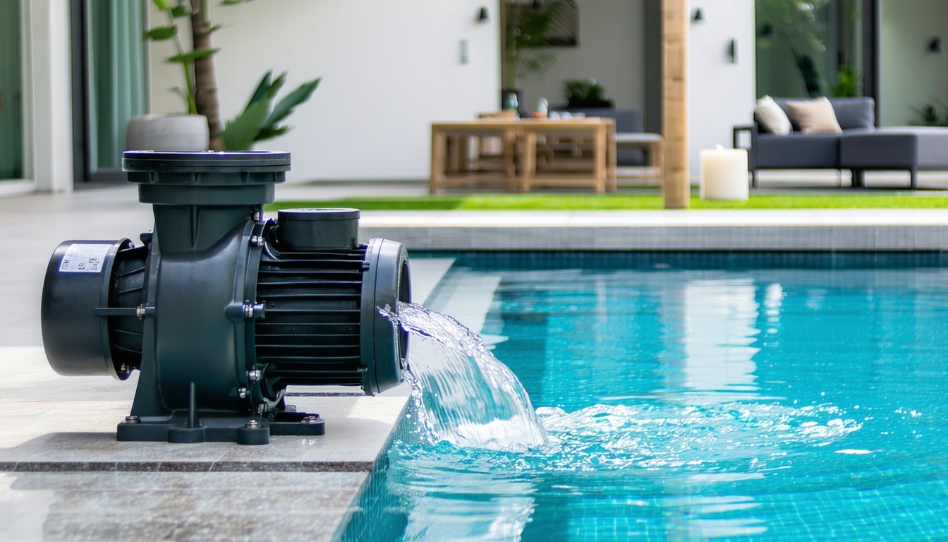 A stateoftheart variablespeed pool pump has been seamlessly integrated into a contemporary swimming pool system showcasing sleek clean piping that enhances both aesthetics and functionality The pump features an intuitive digital display that provides-1